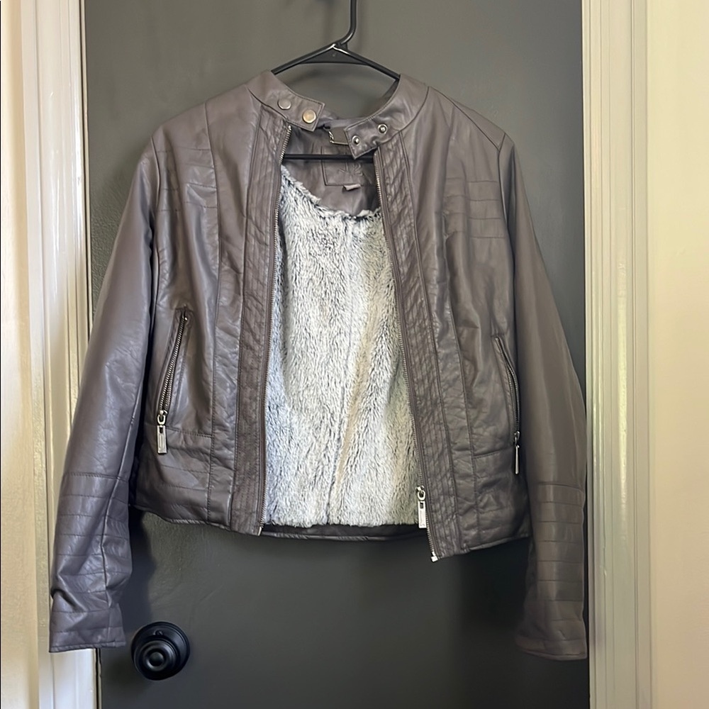Gray Leather Motorcycle Jacket with Cropped Design